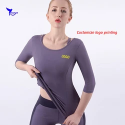Custom LOGO 3/4 Sleeve Quick Dry Elastic Yoga Shirts Women Cross Back Fitness Gym Sportswear Tops Femme Running T Shirt Jersey