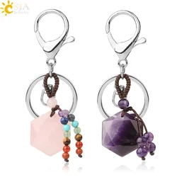 CSJA Hexagram Natural Stone Keychains Reiki Quartz Crystal Key Chain Handbag Decor Motorcycle Keyring for Women Men Jewelry G532