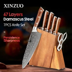 XINZUO Pro 7 Pieces Chef Set Japanese Damascus Steel Kitchen Accessories Sharp Meat Cleaver Vegetable Slicer Santoku Knife