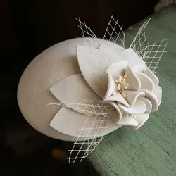 FS Women Fascinator Hat Cocktail White Wool Felt Wedding Party Church Headpiece Fashion Black Formal Flower Pillbox Hats