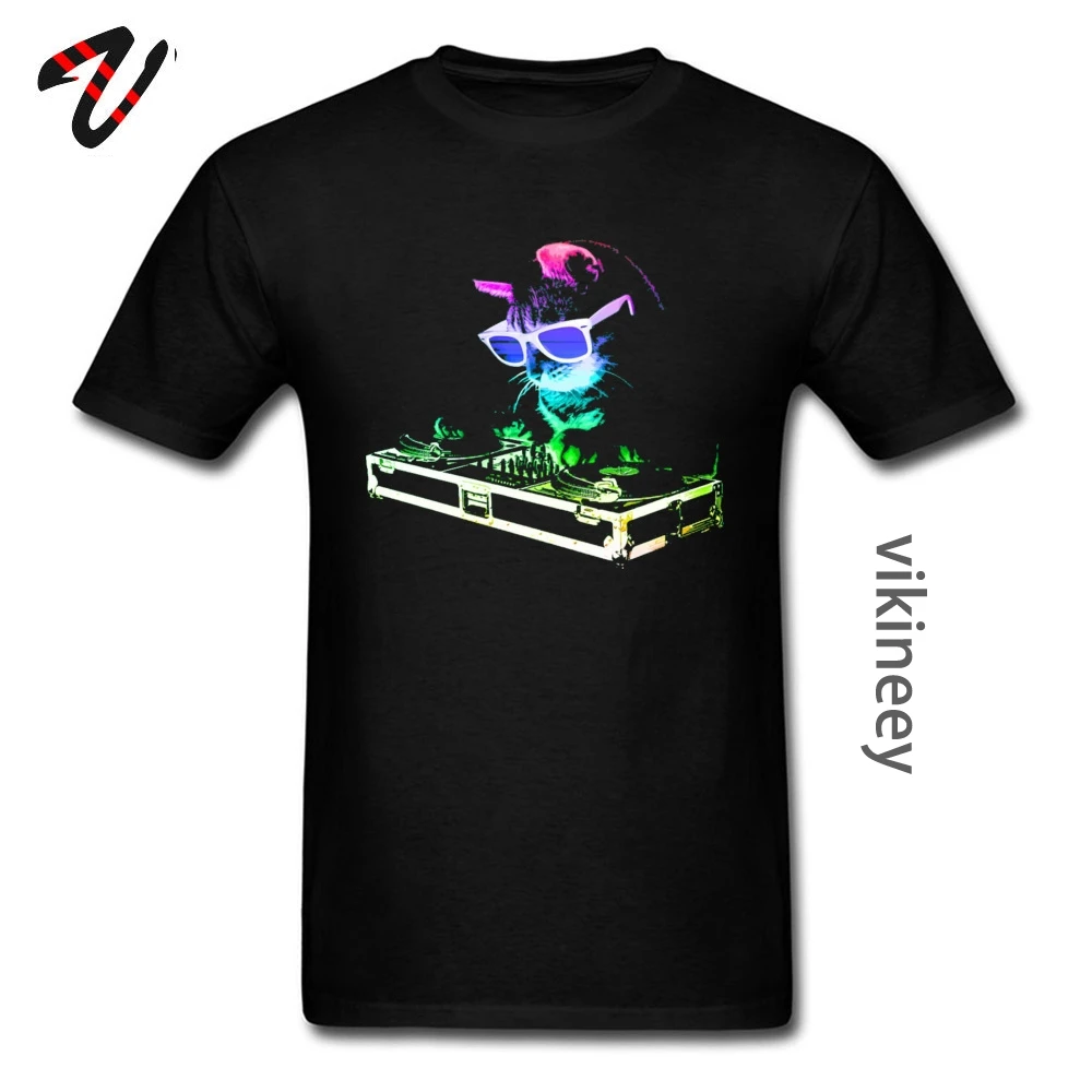 Rainbow DJ Cat Techno T Shirts Funny Neon Cat 3D Print Tshirt 100% Cotton Crewneck Men T Shirt Hig Quality Clothing Shirt