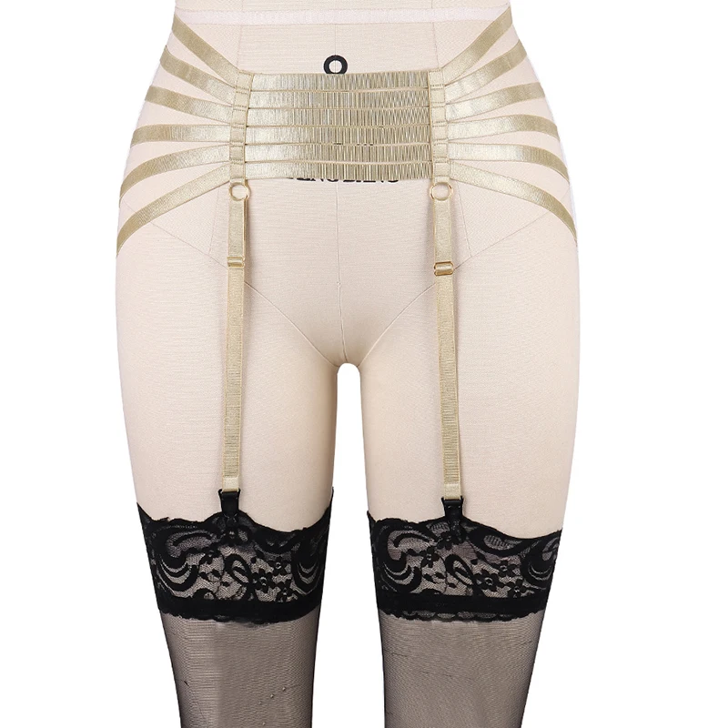

Bondage Stockings Body Harness Woman Sexy Garter Belt Hollow Body Cage Lingerie Gold Color High Waist Leg Wedding Garter Harness