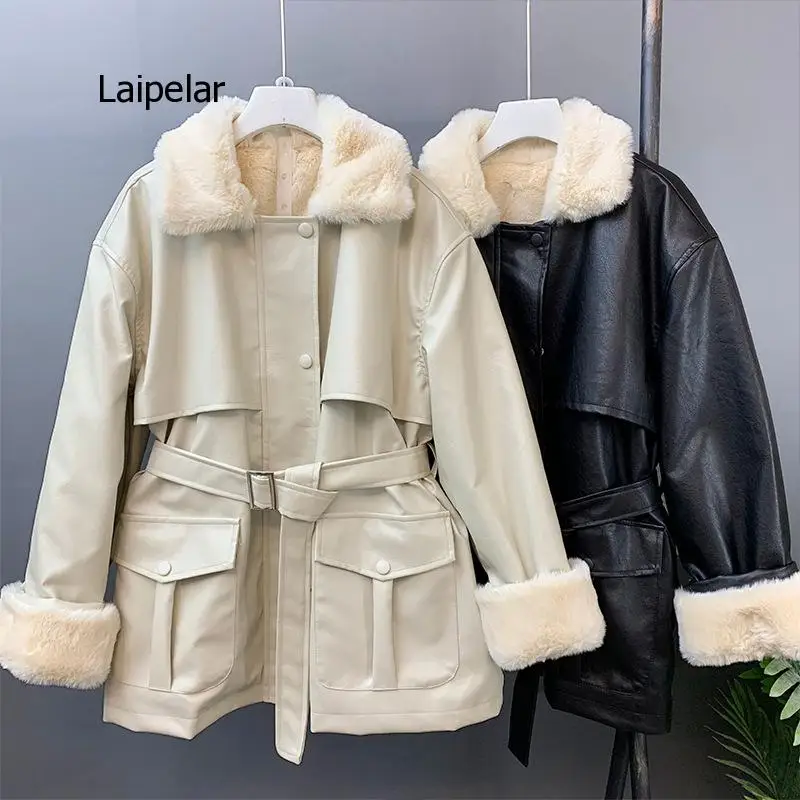 Winter Oversized Leather Jacket Women with Faux Rabbit Fur Inside Warm Soft Thickened Fur Lined Coat Long Sleeve