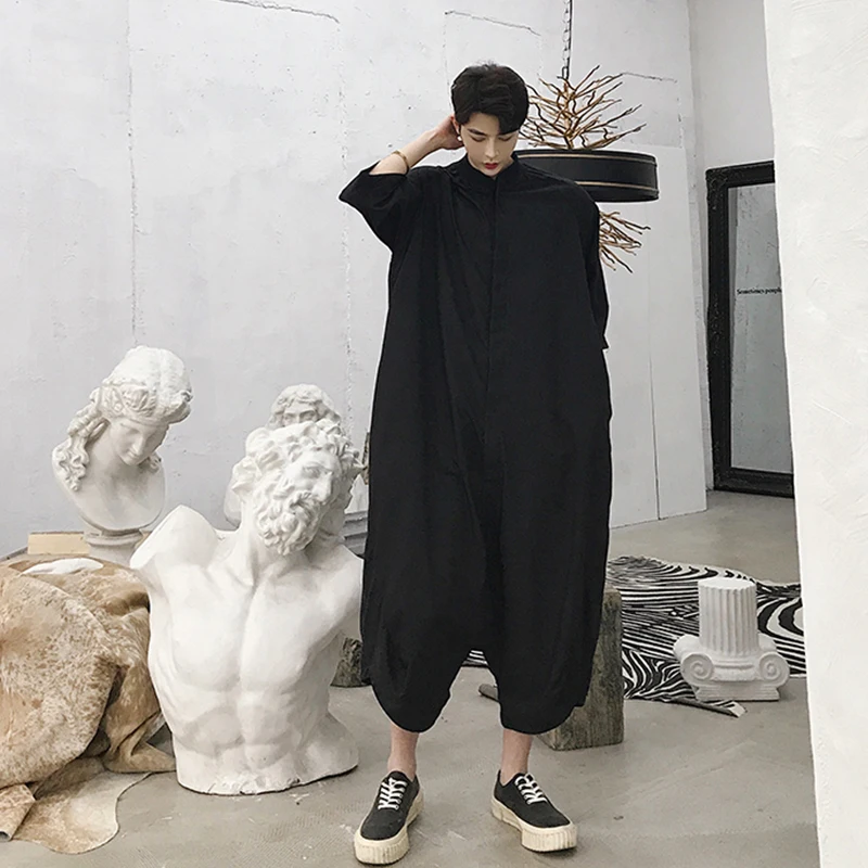 Summer men's trousers five point silhouette casual pants loose long sleeve one piece men's standing collar straight tube fashion