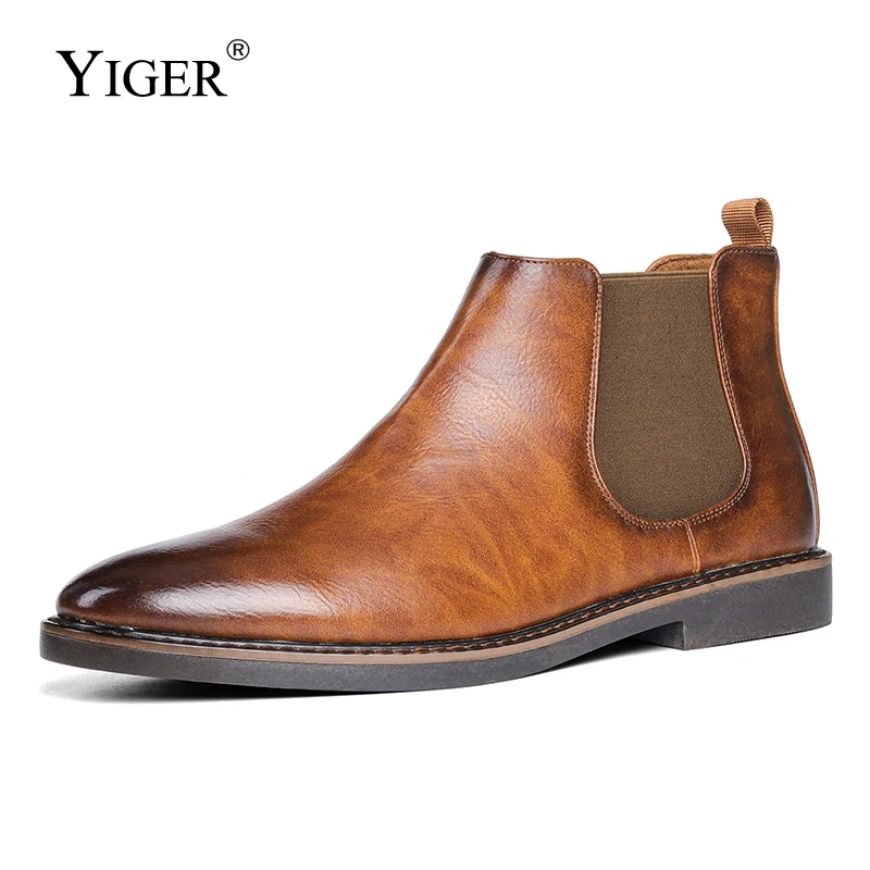 YIGER new Men Chelsea Boots Man Ankle boots British Gentleman leather business boots male Vintage Brown large size boots 2023