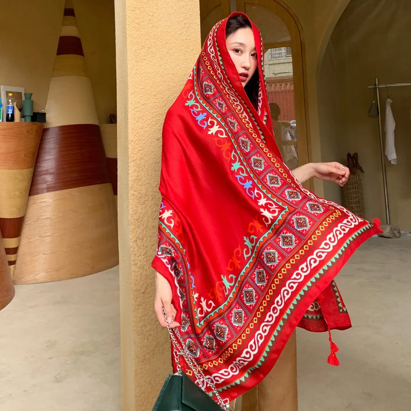 Women Luxury Ethnic Shawl Scarf Beach Desert Sunscreen Silk Scarves Red Big Bandelet Female Travel Photo Dual-use Sunshade Coat