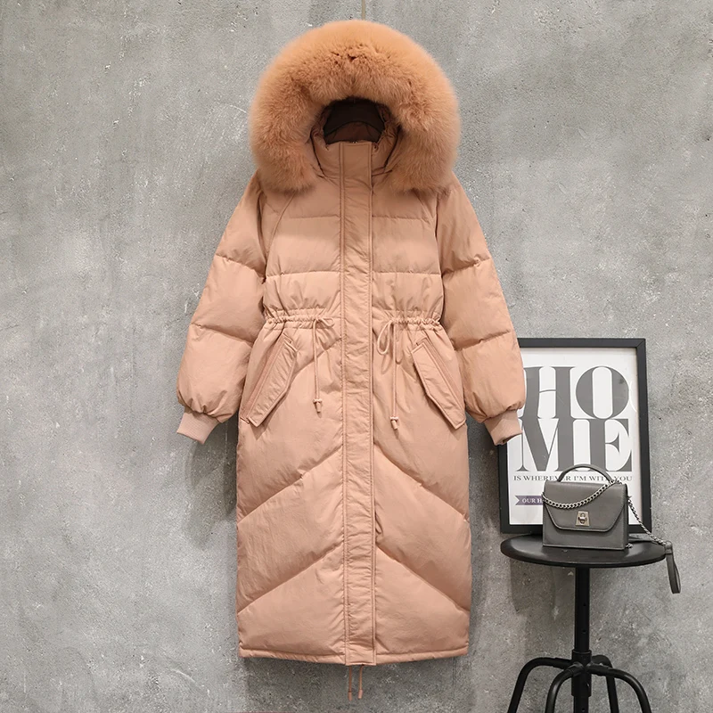 Doudoune à capuche en vraie fourrure de renard pour femme, manteau épais et chaud 90% duvet de canard, Parka longue, vêtements d'hiver 2019, LW1612