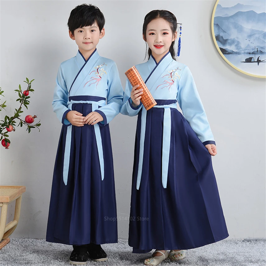 

Ancient Chinese Traditional Hanfu Clothing for Children Long Sleeve Folk Dance Ink Painting Stage Performance Dresses Full Sets