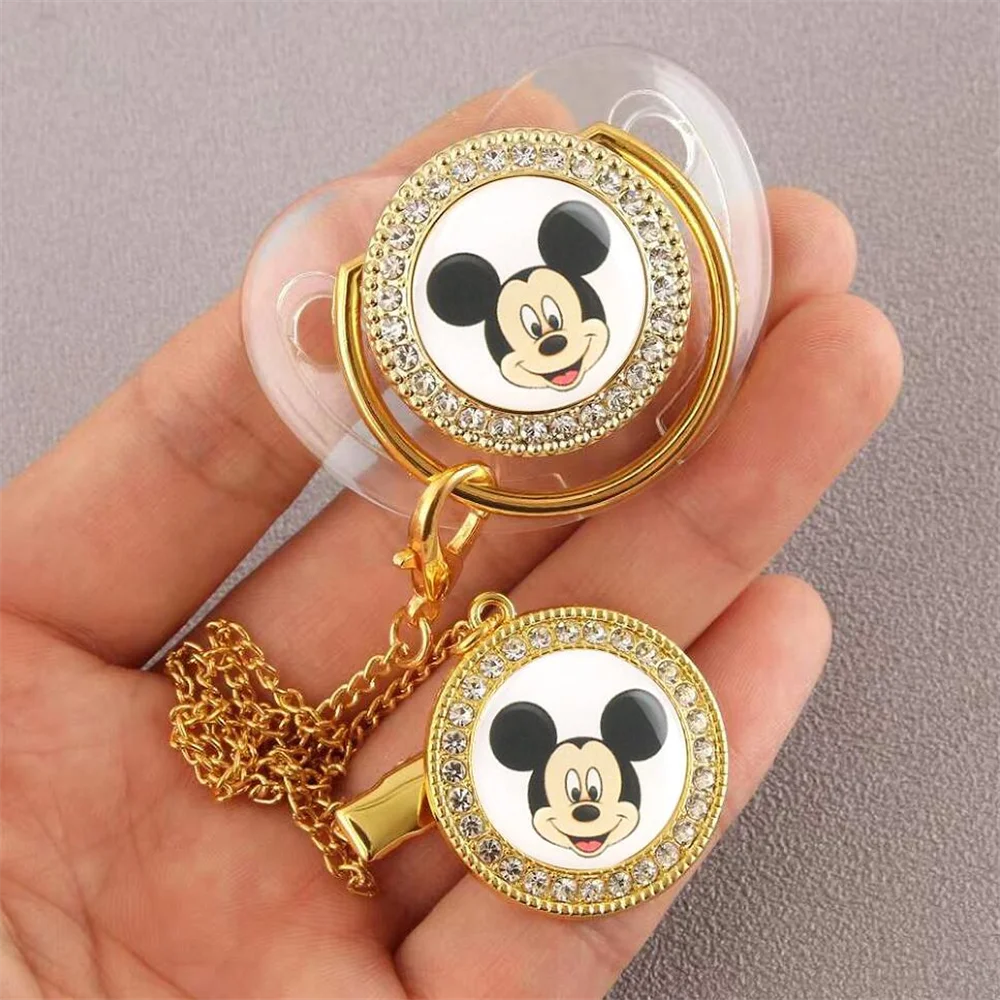 [ 1 Set ] 0-12 Months Baby Pacifier Disney Mickey Mouse Cartoon Printing Transparent Luxury Golden Bling Dummy Soother Pacifier