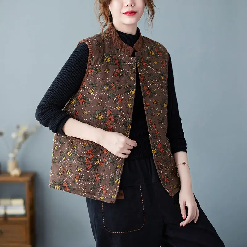 2021 Autumn Winter New Cotton Linen Quilted Vest Jacket Casual Fashion Ethnic Style Large Size Warm Waistcoat Floral Top M936