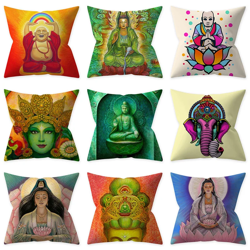 Religious Figure Indian Buddhist Short Plush Pattern Throw Pillowcase Buddha Statue Guanyin  Decoration Sofa Cushion Cover