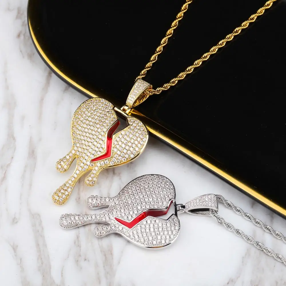 GUCY Red Oil Drip Heart Necklace & Pendant With 4mm Tennis Chain Gold Silver Color Cubic Zircon Men's Women Hip Hop Jewelry Gift