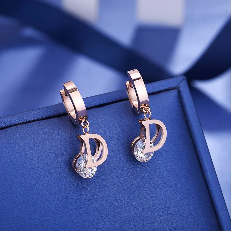New Fashion Luxury Gold Color Letter D Stud Earrings For Women Titanium Cubic Zirconia Earring Labradorite Brand Jewelry Brincos