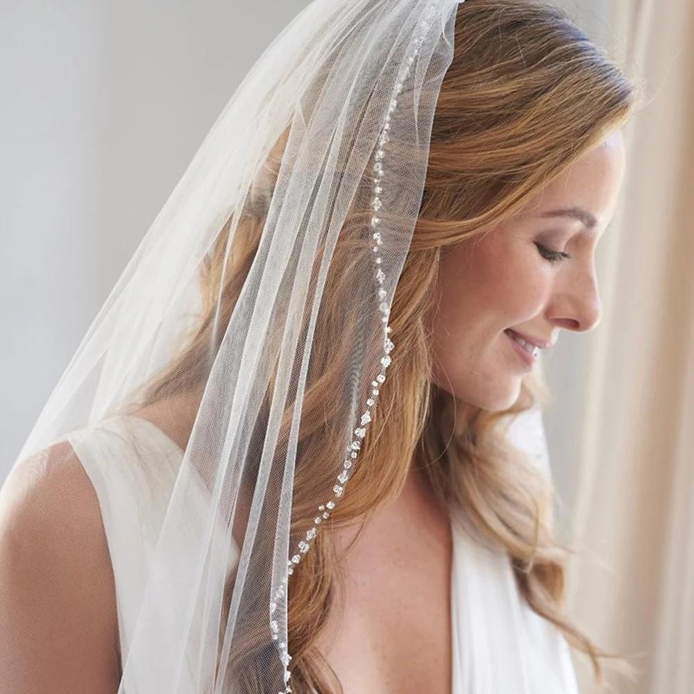 Voile de mariée en cristal perlé, fait à la main, avec bord en cristal, pour mariage