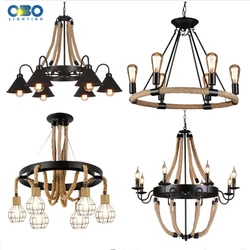 Vintage Hemp Rope Pendant Lamp Iron Lampshade Shop/Coffee House Bar Indoor Lightings E27 Industrial Style Chain Pendant Lights