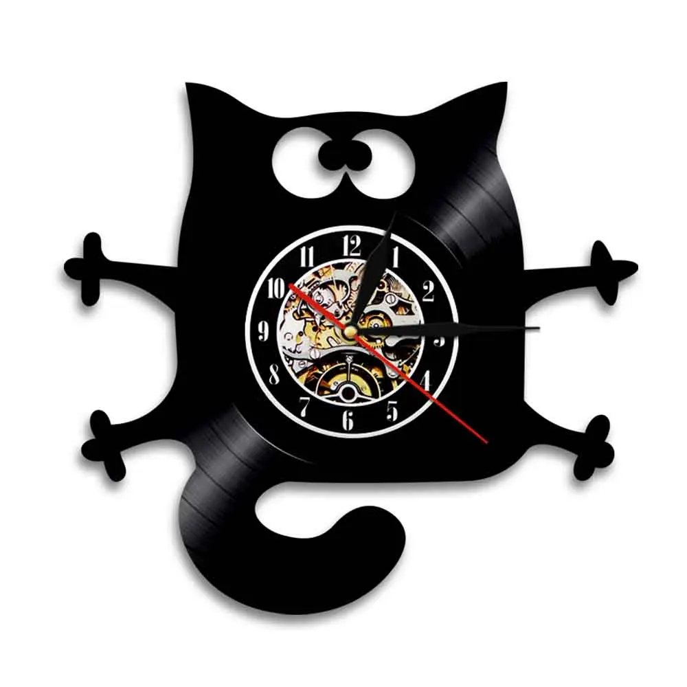 Cat Meow Wall Clock Funny Black Cat Home Decor Modern Vinyl Record Wall Clock Kitten Decorative Clock Gift For Kitty Cat Lovers
