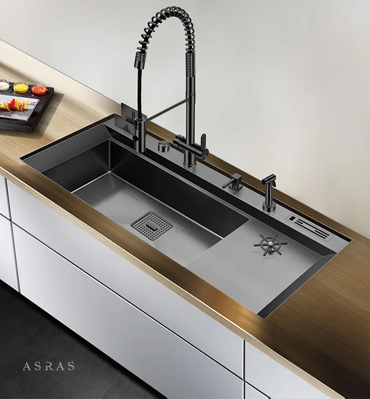 Asras 11850NT Black Nano Large Kitchen Sink Set with Multi-Functional Pullout Faucet SUS304 Stainless Steel Sink with Cup Rinser