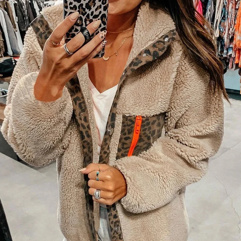 Autumn Outwear Female Faux Fur Leopard Print Hooded Jacket Warm Teddy Suede Sweatshirts Sexy Long Sleeve Tops Casual Winter Coat