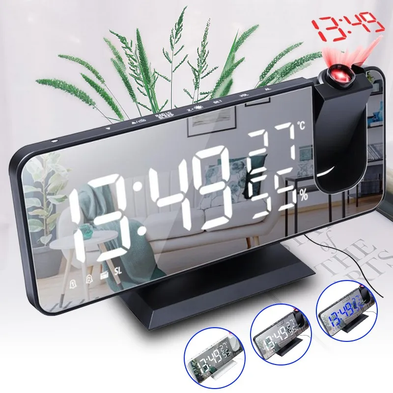 

2021 LED Digital Alarm Clock Watch Table Electronic Desktop Clocks Weather FM Radio Time Projector Snooze Function Bedside Clock