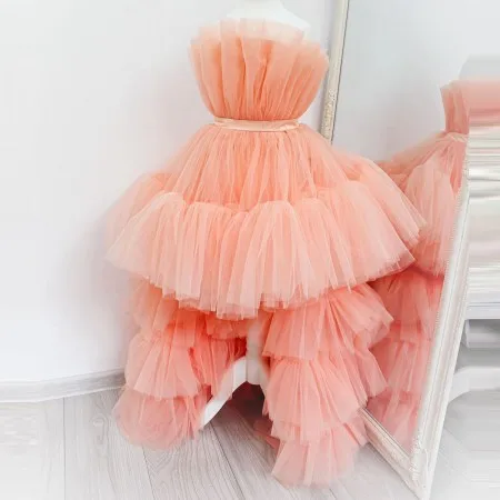 Custom Made Hi Low Tulle Kids Dresses Strapless   Ruffles Extra Fluffy Tiered With Train Girls   Performance Gowns