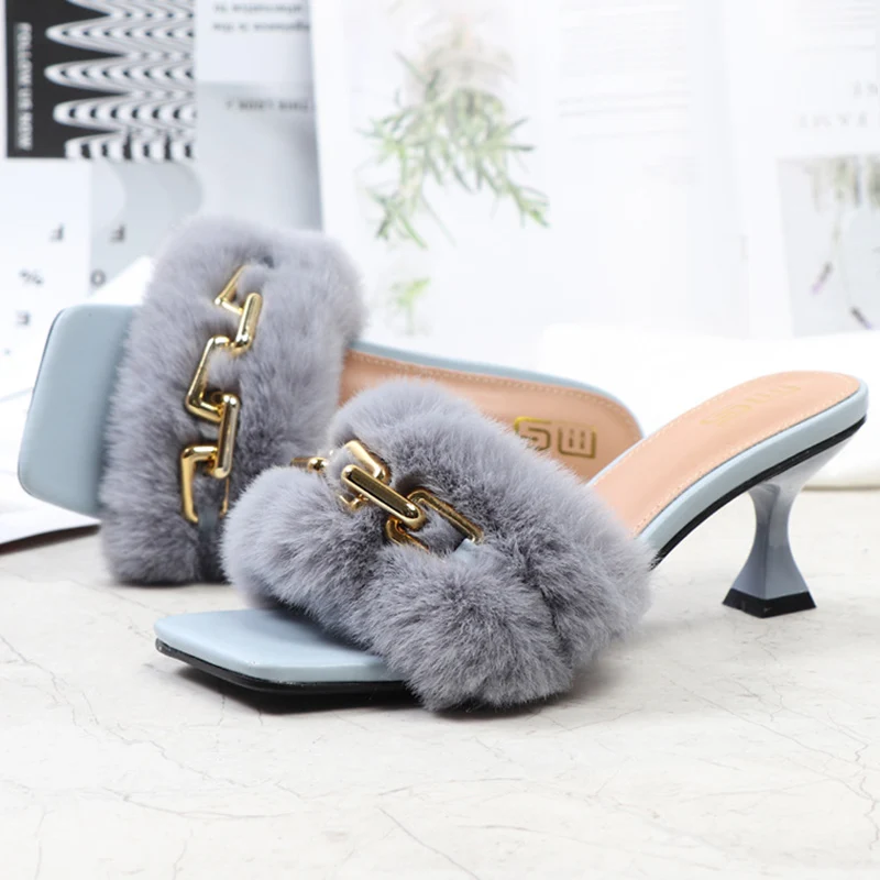 2023 Summer Women 6cm High Heels Slides Furry Felt Mules Low Heels Metal Chain Slippers Sexy Platform Hairy Outside Fur Shoes