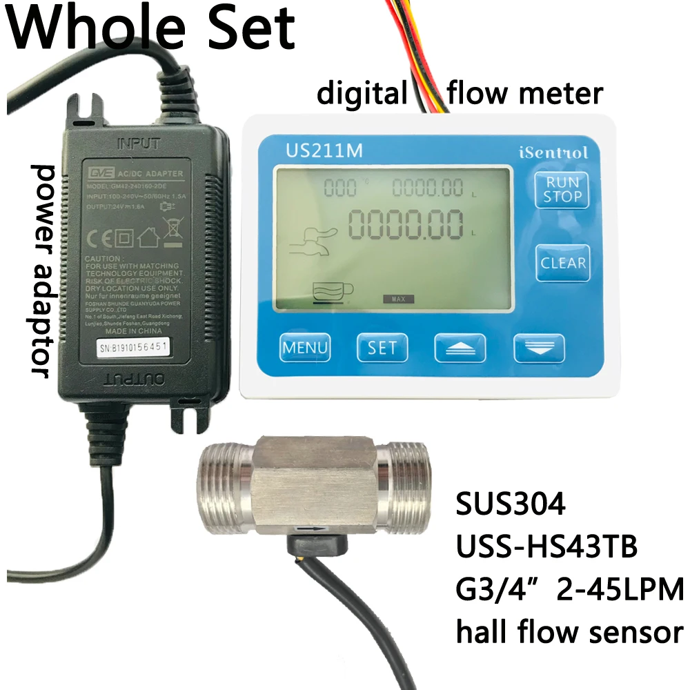 

US211M Digital Flow Meter Totalizer with SUS304 Flow Sensor USS-HS43TB G3/4" 25mm Hall Flow Sensor 2-45LPM iSentrol Saier Sesnor