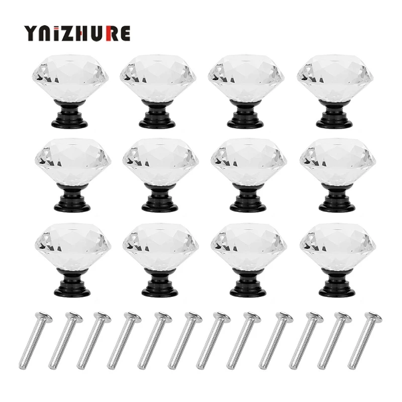 

12PCS Pack Drawer Handle Glass Crystal Diamond Shape Crystal Glass 30 mm Cabinet Drawer Door Kitchen Handle Black Knobs