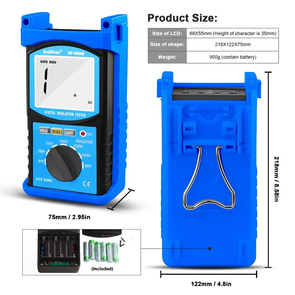 HoldPeak-probador Digital de resistencia de aislamiento, instrumento de medida de voltaje profesional, rango automático, portátil, HP-6688B, 5000V