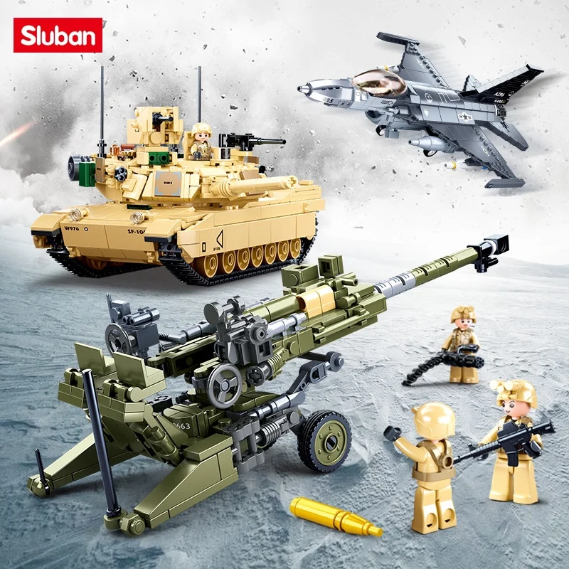 

WW2 Military USA M1A2 SEP V2 ABRAMS Main Battle Tank Chariot Building Blocks Army M777 Light Artillery Fighter Bricks Boys Toys