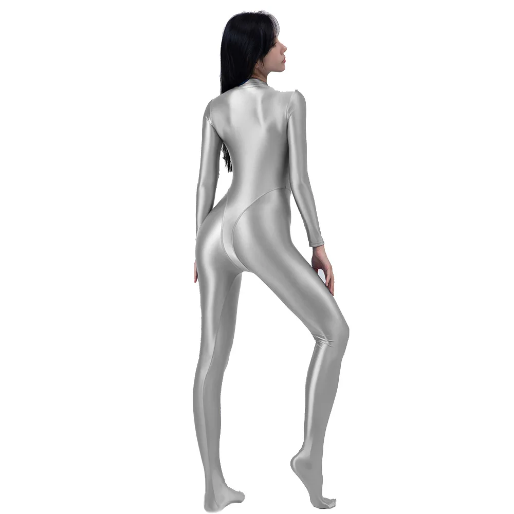 AMORESY Front Zipper Full Length Oil Tights Shiny Smooth Sexy Women Overall Yoga Zentai Playsuit Casual Suits Jumpsuits Catsuits