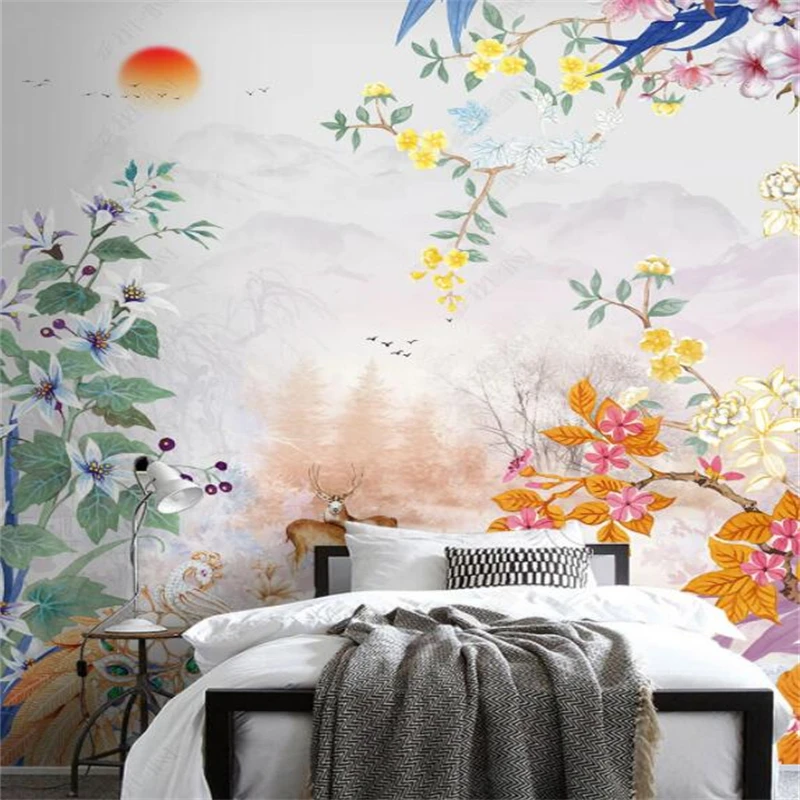 

European-style Hand-painted Flowers Birds Elk Home Decor Custom Murals Photo Wall Paper Bedroom Decor Peony Floral Wallpaper