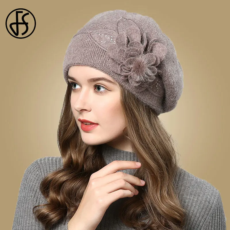 FS Women Berets Knitted Wool Hats Winter Flowers Warm Female Cap Girls Beanies Rabbit Fur Hat Gorros Bonnet Femme Hiver 2020