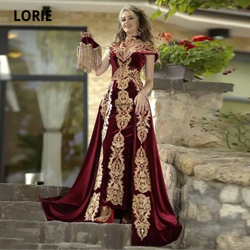 LORIE Burgundy Evening Dress with Detachable Skirt Appliques Caftan Marocain Robe De Reveillon Velvet Women Prom Party Gowns