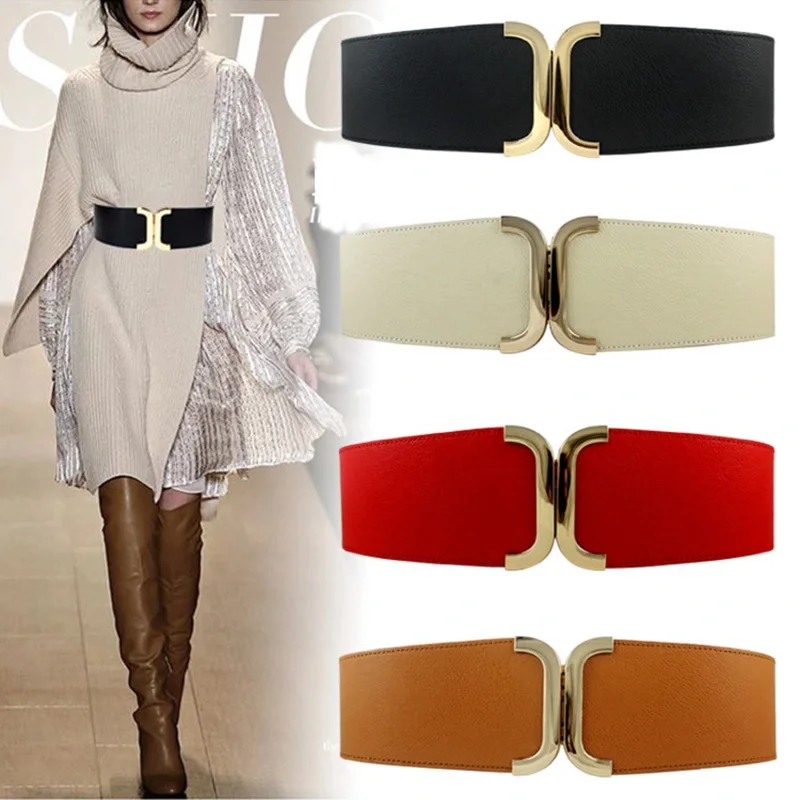 

2021 Fashion Women Elastic Belts Designer PU Leather Gold Buckle Waist Strap Adornment Dress Overcoat Stretchy Wide Waistband