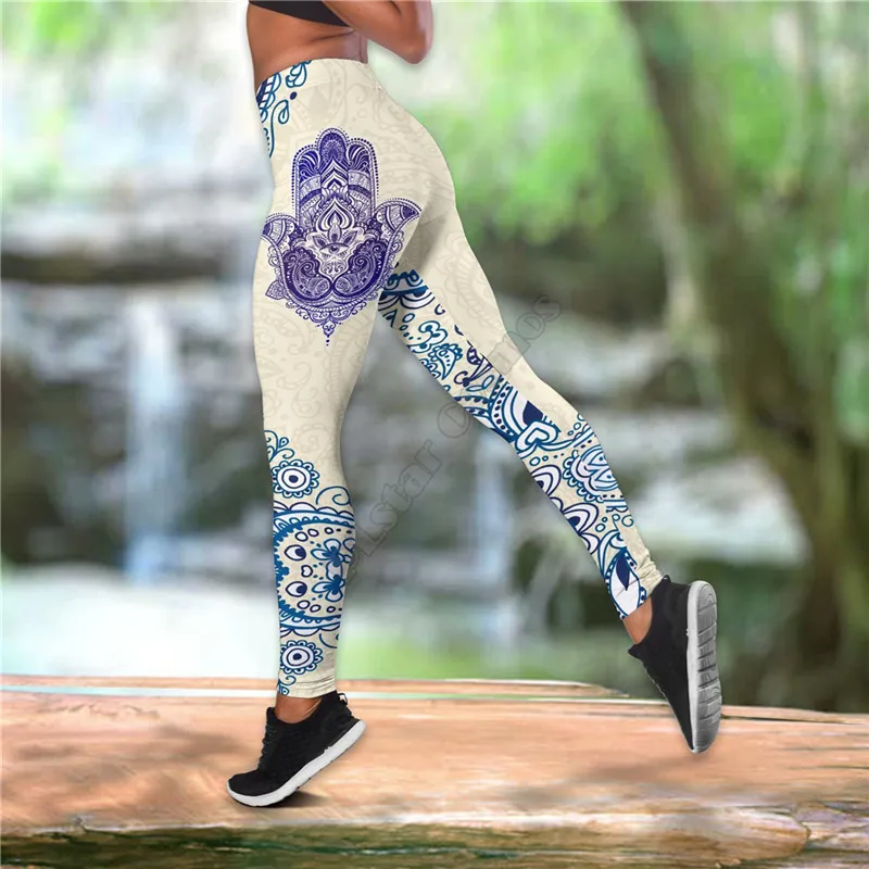 Purple Hamsa Hand Yoga Combo Outfit Leggings and Hollow out Tank Top Suit Yoga Fitness Soft Legging Summer Women For Girl