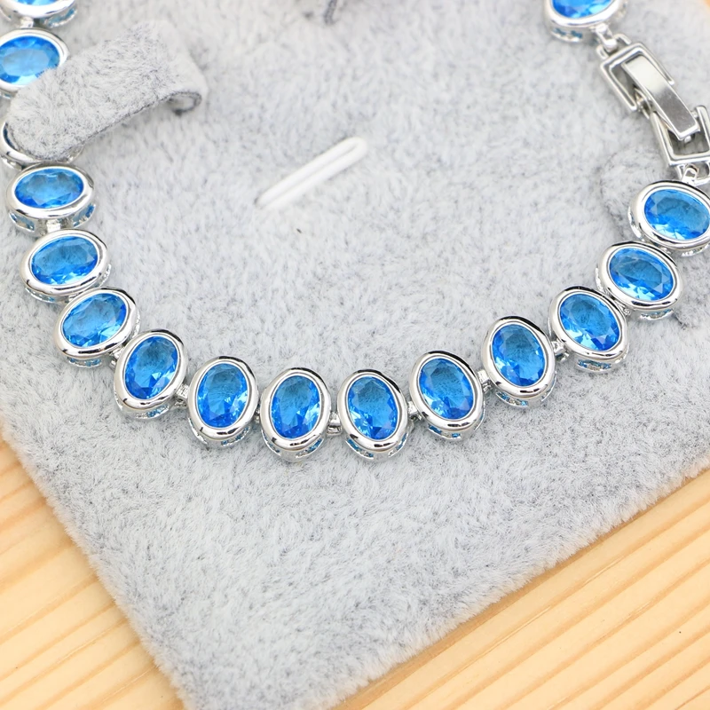 Classic Silver 925 Jewelry Bracelets for Women Blue Zircon Stones Length 21CM Two Buttons Free Gift Box