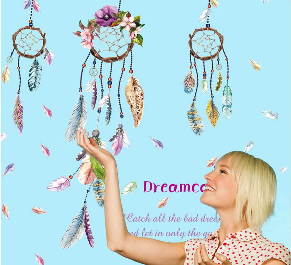 Sk9051 Wind Chime Lucky Dream Catcher Feathers Wall Sticker Mural Art Vinyl Decisions for Room Stickers Home Decor Fashion PVC