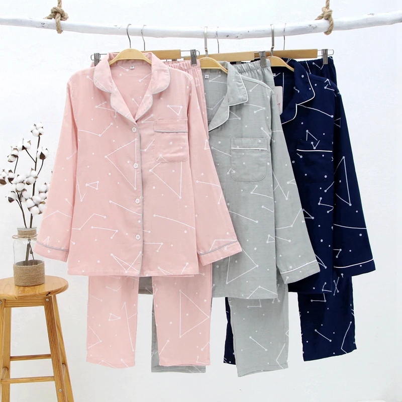 Women and Men Spring Double Cotton Gauze Loose Leisure Pajamas 2 Piece Set Couples Long Sleeve Pajama Home Clothes Sleepwear