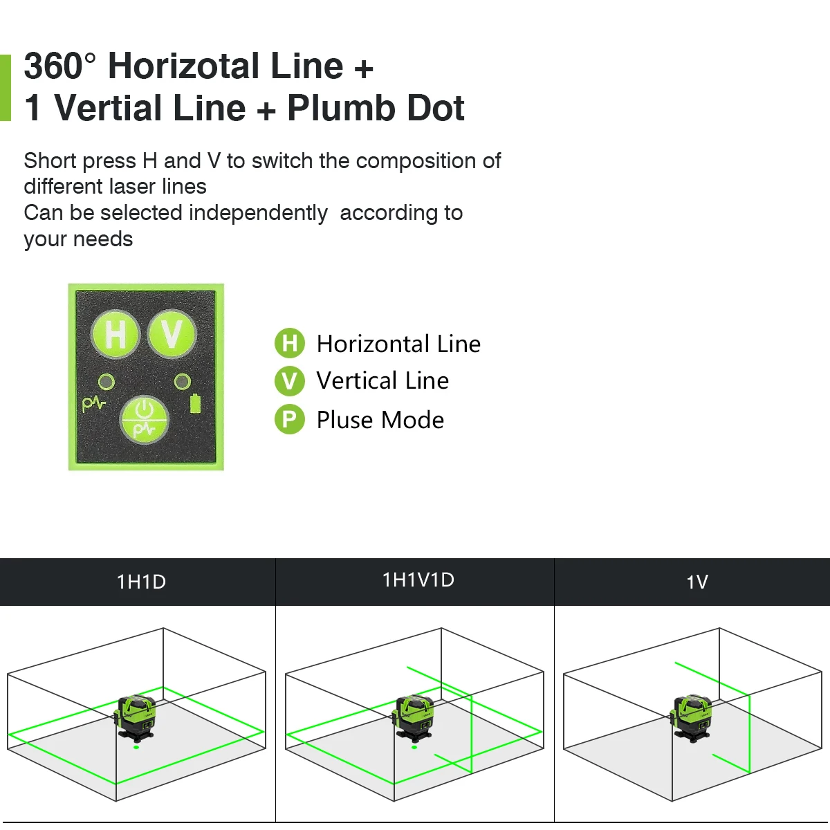 Huepar Cross Line Laser Level Green 360° Horizontal &Vertical Line & Plumb Dot Self-Leveling Li-ion Battery Type-C Charging Port