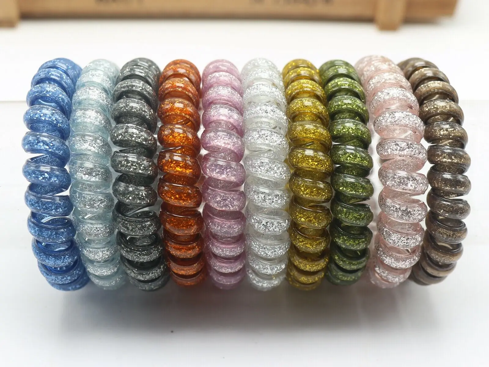 10 Glitter Colour Spiral Coil Elastic Hair Ties Scrunchies Telephone Cord 55mm