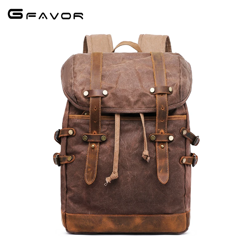 Brand New High Quality Retro Men Wax Canvas School Travel Backpack 2021 Teenager Laptop Backpack with Crazy Horse Leather Belt