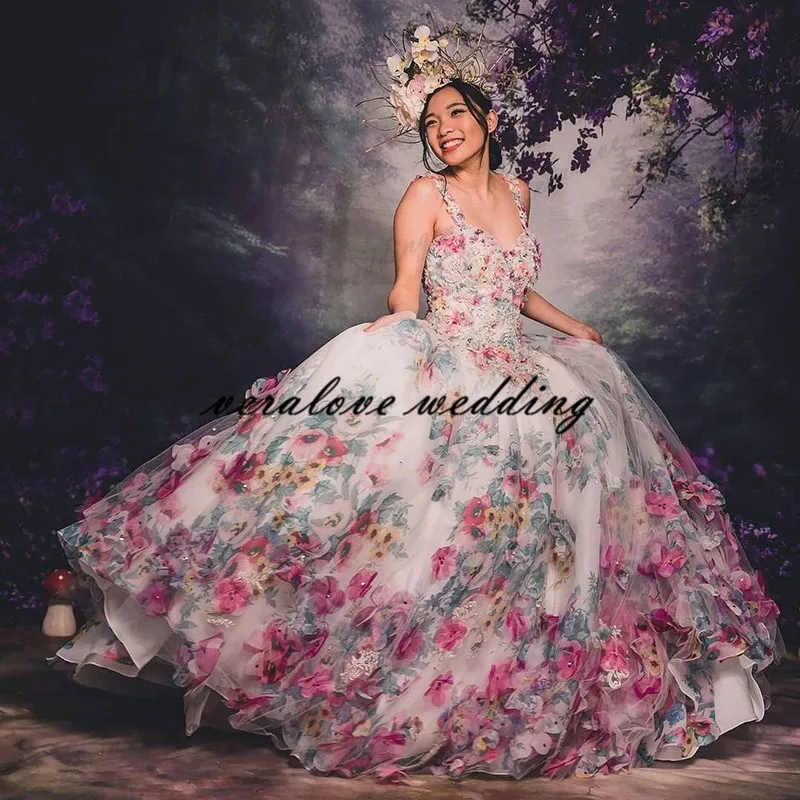 2021 Quinceanera Ball suknia wieczorowa 3D kwiatowe kwiaty słodka 16 sukienka piętro długość bufiasta suknia wieczorowa vestidos de 15 años