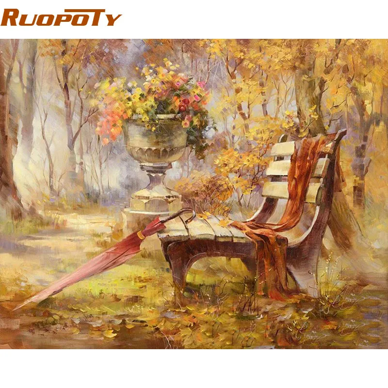 RUOPOTY Chair Park Autumn Landscape DIY Painting By Numbers Wall Art Picture Handpainted Oil Painting For Home Decor Frame 40x50