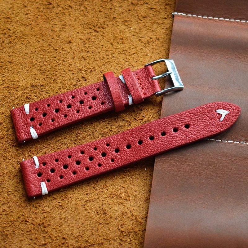 Genuine Leather Watchstrap Brown Porous Breathable Watch Band 18mm 20mm 22mm 24mm Handmade Stitching for Watch Wist Bracelets