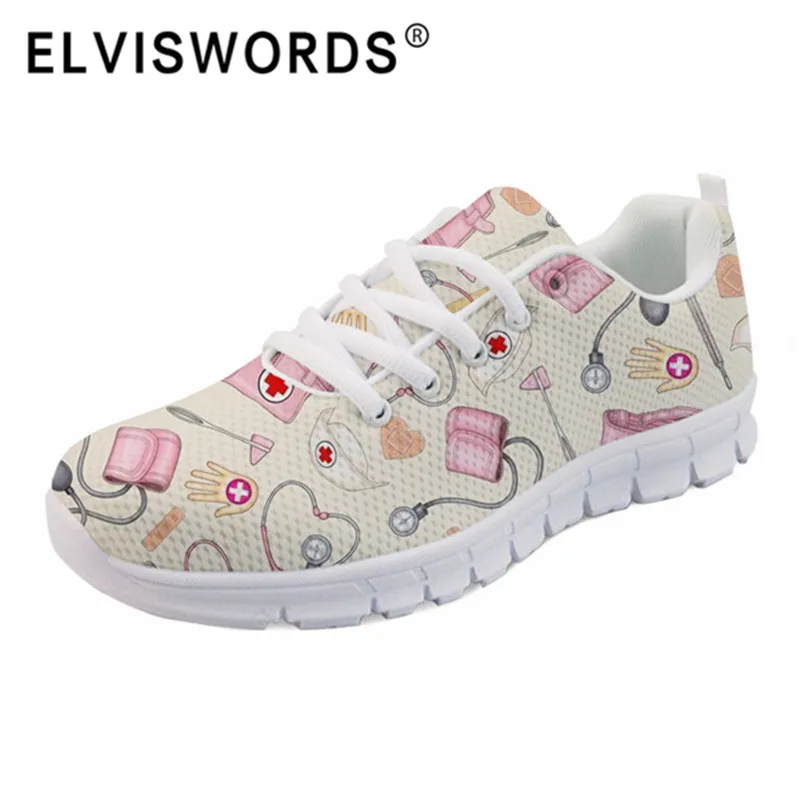 

ELVISWORDS Breathable Mesh Flats Women Cute Cartoon Nurses Printed Women's Sneakers Shoes Spring Nurse Flat Shoes Female Shoes