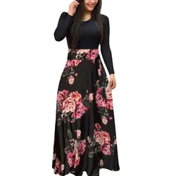 Elegant/Vintage Women Dresses Long Sleeve Cocktail Party Large Swing Maxi Dress Floral Print Dress Autumn/Winter