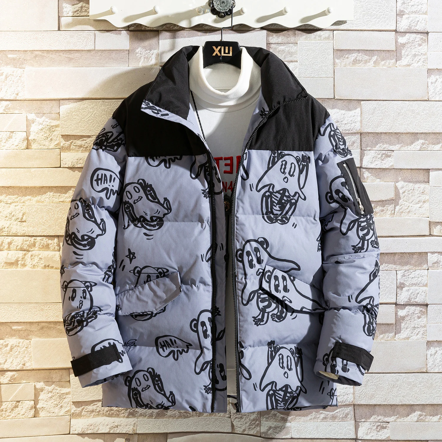 

Men Women Winter Parkas Jacket Fashion Harajuku Funny Printed Loose Casual Stand Collar Warm Padded Puffer Jacket Bubble Coat