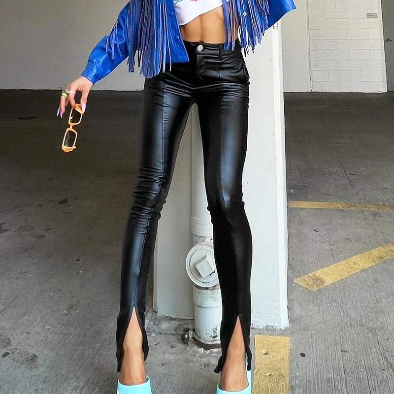 wsevypo Autumn Winter PU Leather Pencil Trousers Women's High Waist Button Slit Hem Pants Office Casual Slim Fit Bottoms