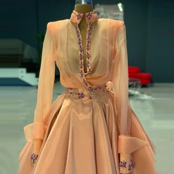 Luxury Pink Ball Gown Evening Dresses Tulle High Neck   Long Sleeves Satin Crystals Beaded Women Pageant Prom   Dressing Gowns