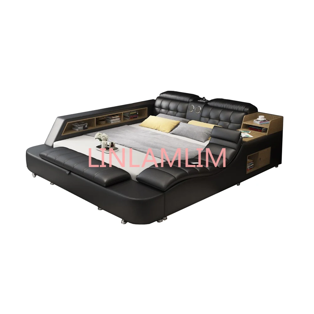 

Genuine Leather multifunctional massage bed frame Nordic camas ultimate bed LED light Bluetooth speaker safe door to door